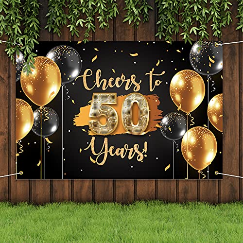 Cheers to 50 Years Backdrop Banner Happy 50th Birthday Background Decorations for Women Men Her Him Anniversary Photography Party Supplies Black Gold(1)