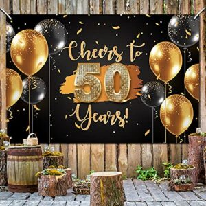 Cheers to 50 Years Backdrop Banner Happy 50th Birthday Background Decorations for Women Men Her Him Anniversary Photography Party Supplies Black Gold(1)