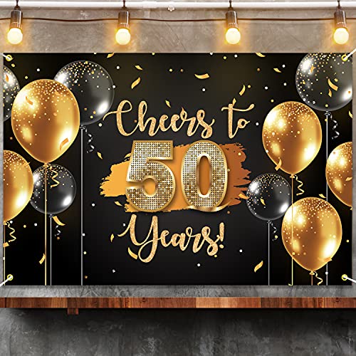 Cheers to 50 Years Backdrop Banner Happy 50th Birthday Background Decorations for Women Men Her Him Anniversary Photography Party Supplies Black Gold(1)