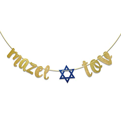 Mazel Tov Glitter Banner Sign,Bar Mitzvah, Jewish Decor,Bridal Shower,Engagement Party,Congratulations,Wedding Party Banner (Gold & Blue)