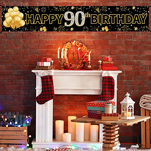 Pimvimcim 90th Birthday Banner Backdrop Decorations for Women Men, Happy 90 Year Old Birthday Party Sign Supplies, Ninety Years Old Birthday Party Decor(Black Gold)