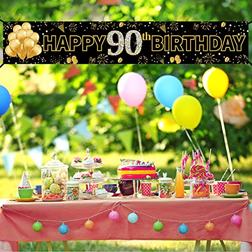 Pimvimcim 90th Birthday Banner Backdrop Decorations for Women Men, Happy 90 Year Old Birthday Party Sign Supplies, Ninety Years Old Birthday Party Decor(Black Gold)