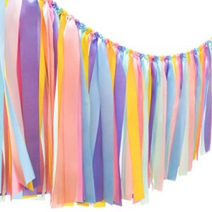 rainbow ribbon tassel garland colorful fabric banner hanging decoration backdrop for baby shower, highchair, birthday macron banner backdrop decor 40 inches(l) x 14 inches(w)