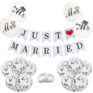 just married car decorations, just married banner wedding bunting, mr and mrs balloons, white wedding balloons, rustic wedding backdrops for reception, photo booth props bridal shower decoration