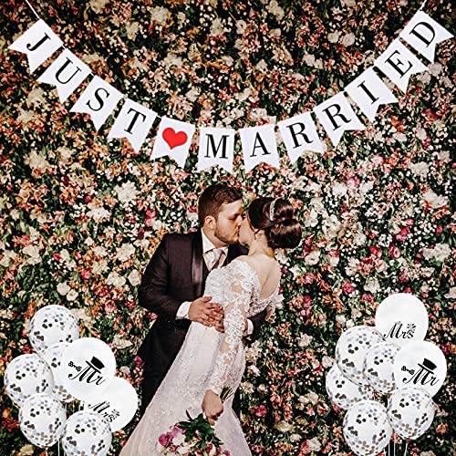 Just Married Car Decorations, JUST MARRIED Banner Wedding Bunting, Mr and Mrs Balloons, White Wedding Balloons, Rustic Wedding Backdrops for reception, Photo Booth Props Bridal Shower Decoration