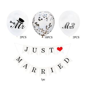 Just Married Car Decorations, JUST MARRIED Banner Wedding Bunting, Mr and Mrs Balloons, White Wedding Balloons, Rustic Wedding Backdrops for reception, Photo Booth Props Bridal Shower Decoration