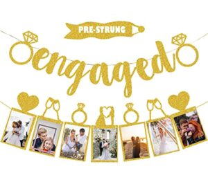 engagement party decorations gold – extra-large engaged banner and photo banner with romantic memories picture card frames for bridal shower sign & bachelorette party favors, engagement banner decor