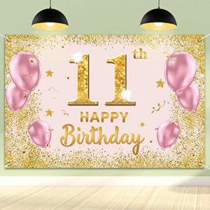 pakboom happy 11th birthday backdrop banner – 11 birthday party decorations supplies for girls – gold pink 3.9 x 5.9ft