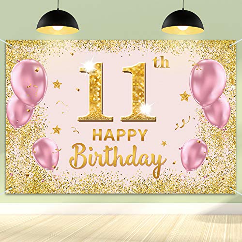 PAKBOOM Happy 11th Birthday Backdrop Banner - 11 Birthday Party Decorations Supplies for Girls - Gold Pink 3.9 x 5.9ft