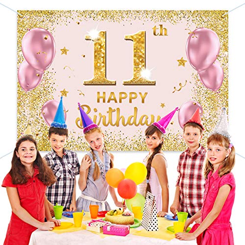 PAKBOOM Happy 11th Birthday Backdrop Banner - 11 Birthday Party Decorations Supplies for Girls - Gold Pink 3.9 x 5.9ft