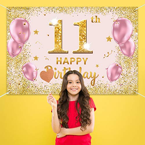 PAKBOOM Happy 11th Birthday Backdrop Banner - 11 Birthday Party Decorations Supplies for Girls - Gold Pink 3.9 x 5.9ft