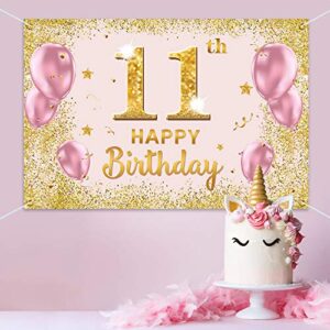 PAKBOOM Happy 11th Birthday Backdrop Banner - 11 Birthday Party Decorations Supplies for Girls - Gold Pink 3.9 x 5.9ft