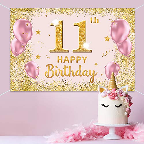 PAKBOOM Happy 11th Birthday Backdrop Banner - 11 Birthday Party Decorations Supplies for Girls - Gold Pink 3.9 x 5.9ft