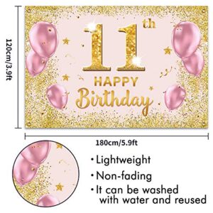 PAKBOOM Happy 11th Birthday Backdrop Banner - 11 Birthday Party Decorations Supplies for Girls - Gold Pink 3.9 x 5.9ft