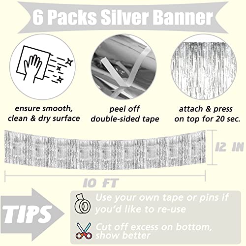 6 Pack 10 Feet Foil Fringe Garland Metallic Tassle Banner Wall Hanging Tinsel Streamers Backdrop for Parade Floats, Bachelorette, Wedding, Birthday, Halloween, Christmas Party Decorations(Silver)