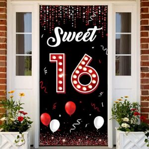 sweet 16 birthday backdrop door banner, 16th birthday decorations for girls red and black, sweet sixteen birthday photo props, 16 birthday party yard sign for outdoor indoor sturdy fabric vicycaty