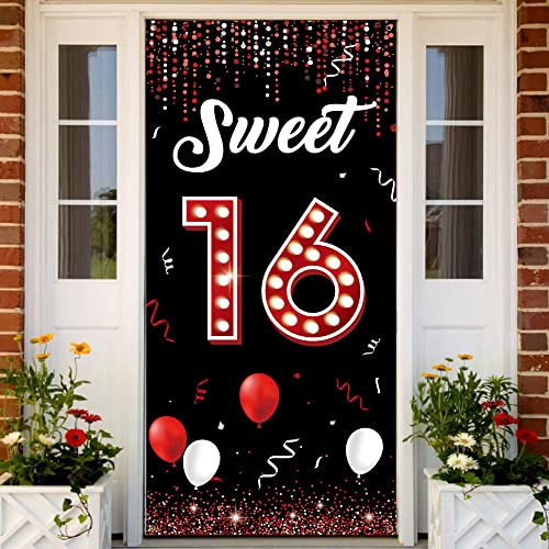 Sweet 16 Birthday Backdrop Door Banner, 16th Birthday Decorations for Girls Red and Black, Sweet Sixteen Birthday Photo Props, 16 Birthday Party Yard Sign for Outdoor Indoor Sturdy Fabric Vicycaty