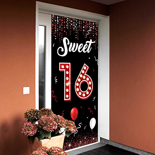 Sweet 16 Birthday Backdrop Door Banner, 16th Birthday Decorations for Girls Red and Black, Sweet Sixteen Birthday Photo Props, 16 Birthday Party Yard Sign for Outdoor Indoor Sturdy Fabric Vicycaty