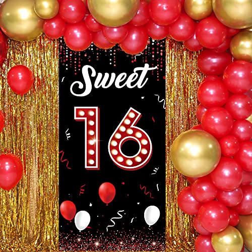 Sweet 16 Birthday Backdrop Door Banner, 16th Birthday Decorations for Girls Red and Black, Sweet Sixteen Birthday Photo Props, 16 Birthday Party Yard Sign for Outdoor Indoor Sturdy Fabric Vicycaty