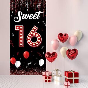 Sweet 16 Birthday Backdrop Door Banner, 16th Birthday Decorations for Girls Red and Black, Sweet Sixteen Birthday Photo Props, 16 Birthday Party Yard Sign for Outdoor Indoor Sturdy Fabric Vicycaty
