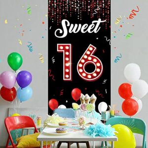 Sweet 16 Birthday Backdrop Door Banner, 16th Birthday Decorations for Girls Red and Black, Sweet Sixteen Birthday Photo Props, 16 Birthday Party Yard Sign for Outdoor Indoor Sturdy Fabric Vicycaty