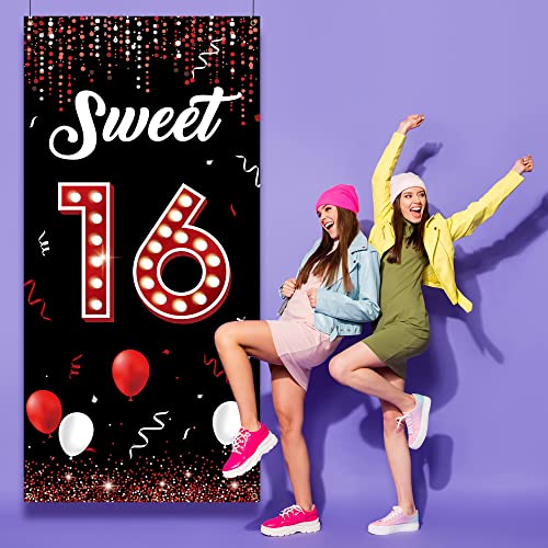 Sweet 16 Birthday Backdrop Door Banner, 16th Birthday Decorations for Girls Red and Black, Sweet Sixteen Birthday Photo Props, 16 Birthday Party Yard Sign for Outdoor Indoor Sturdy Fabric Vicycaty