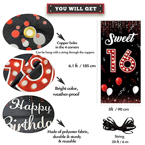 Sweet 16 Birthday Backdrop Door Banner, 16th Birthday Decorations for Girls Red and Black, Sweet Sixteen Birthday Photo Props, 16 Birthday Party Yard Sign for Outdoor Indoor Sturdy Fabric Vicycaty