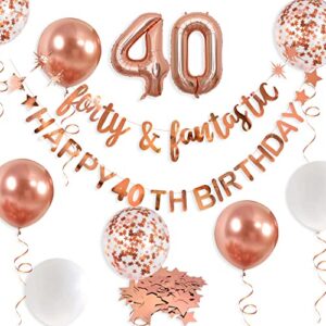 Rose Gold Forty & Fantastic Happy 40th Birthday Banner Garland Foil Balloon 40 for Womens 40th Birthday Decorations Hanging 40 and Fabulous Cheers to 40 Years Old Birthday Party Supplies Backdrop