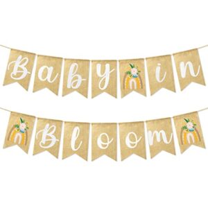 2 pieces baby in bloom shower hanging banner decoration, boho burlap flag banner garland baby room decorations for boys girls, gender reveal floral theme party supplies welcome newborn baby decor