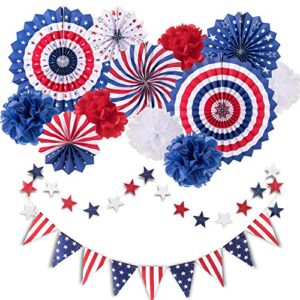 whaline 14pcs patriotic party decorations set, 4th of july american flag party supplies hanging paper fans, paper flower balls, star streamers, usa flag pennant bunting party favors