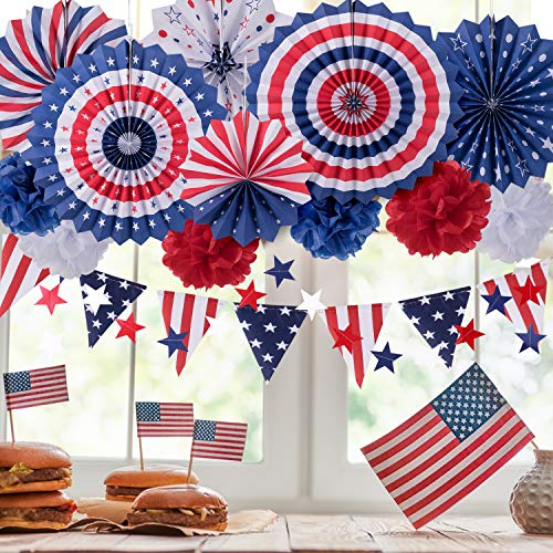 Whaline 14Pcs Patriotic Party Decorations Set, 4th of July American Flag Party Supplies Hanging Paper Fans, Paper Flower Balls, Star Streamers, USA Flag Pennant Bunting Party Favors