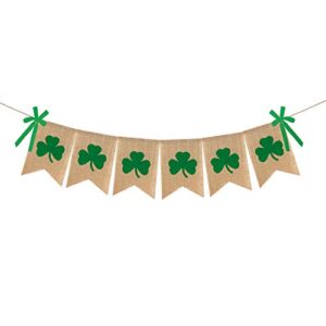 adurself st. patrick’s day burlap banner garland shamrock clover rustic burlap irish lucky day jute burlap mantel fireplace wall hanging for home irish day celebration st patricks day decorations