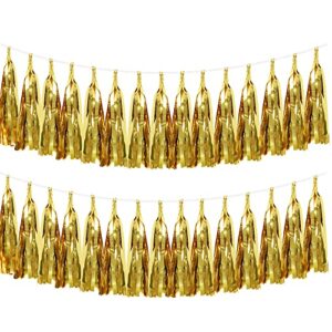 toniful 30pcs shiny gold foil tassels garland paper fringe banner diy metallic foil hanging garland kit decorations for birthday bridal shower christmas party table wall backdrop party supplies
