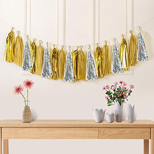 TONIFUL 30Pcs Shiny Gold Foil Tassels Garland Paper Fringe Banner DIY Metallic Foil Hanging Garland Kit Decorations for Birthday Bridal Shower Christmas Party Table Wall Backdrop Party Supplies