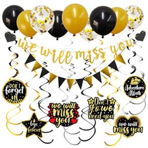 we will miss you party supplies decorations – gold we will miss you banner, triangle flag banner, hanging swirls, balloons for going away graduation retirement office leaving farewell goodbye party decorations