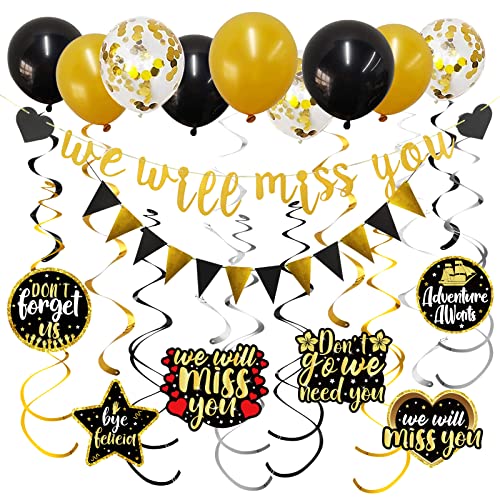 We Will Miss You Party Supplies Decorations - Gold We Will Miss You Banner, Triangle Flag Banner, Hanging Swirls, Balloons for Going Away Graduation Retirement Office Leaving Farewell Goodbye Party Decorations