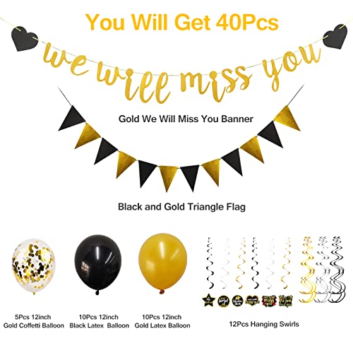 We Will Miss You Party Supplies Decorations - Gold We Will Miss You Banner, Triangle Flag Banner, Hanging Swirls, Balloons for Going Away Graduation Retirement Office Leaving Farewell Goodbye Party Decorations