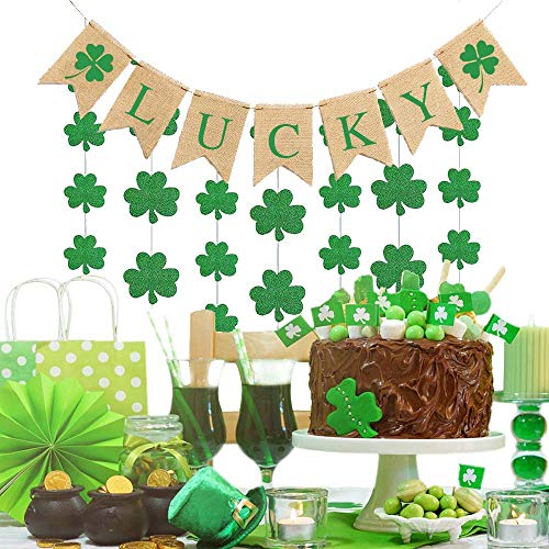 Mocossmy St Patrick's Day Decorations,Green Clover Garland & Lucky Banner Glitter Crafts Shamrock Pendant Hanging Ornaments Decoration for Spring Holiday Birthday Party Favors Supplies Accessories