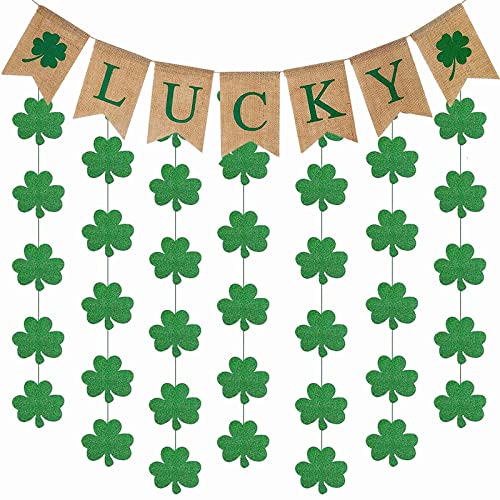 Mocossmy St Patrick's Day Decorations,Green Clover Garland & Lucky Banner Glitter Crafts Shamrock Pendant Hanging Ornaments Decoration for Spring Holiday Birthday Party Favors Supplies Accessories