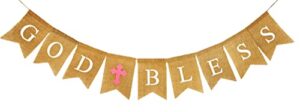 shimmer anna shine burlap god bless banner for baby girl boy baptism decorations christening first communion confirmation baby shower wedding birthday party photo props (pink)