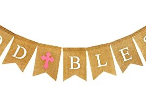 Shimmer Anna Shine Burlap God Bless Banner for Baby Girl Boy Baptism Decorations Christening First Communion Confirmation Baby Shower Wedding Birthday Party Photo Props (Pink)