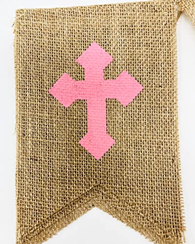 Shimmer Anna Shine Burlap God Bless Banner for Baby Girl Boy Baptism Decorations Christening First Communion Confirmation Baby Shower Wedding Birthday Party Photo Props (Pink)