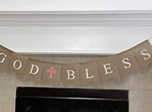 Shimmer Anna Shine Burlap God Bless Banner for Baby Girl Boy Baptism Decorations Christening First Communion Confirmation Baby Shower Wedding Birthday Party Photo Props (Pink)