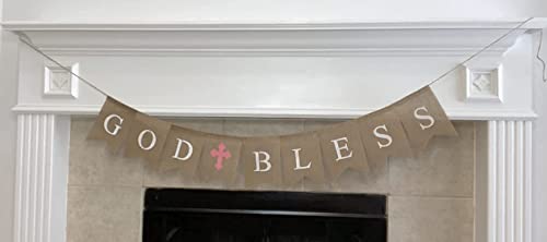 Shimmer Anna Shine Burlap God Bless Banner for Baby Girl Boy Baptism Decorations Christening First Communion Confirmation Baby Shower Wedding Birthday Party Photo Props (Pink)