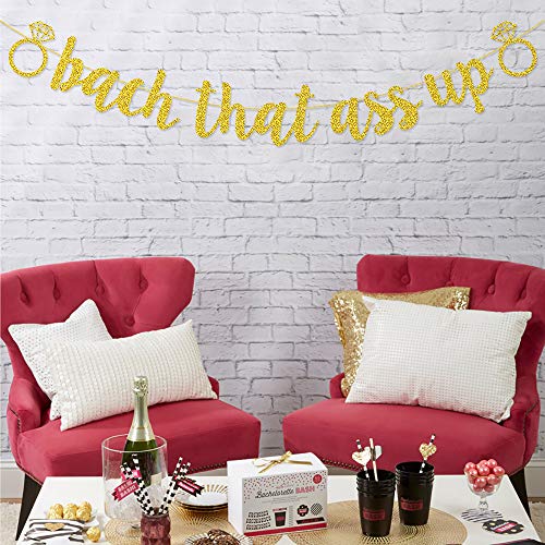 Bach That Ass Up Banner Sign Garland Pre-Strung for Bachelorette Party Decorations (Gold)