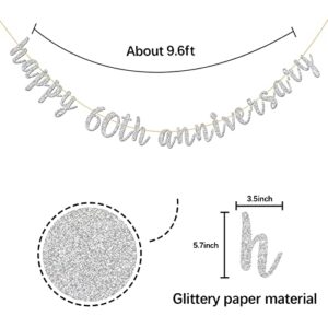 INNORU Glitter Silver Happy 60th Anniversary Banner - Sixty Sign - 60th Birthday Banner - 60th Wedding Anniversary Party Bunting Decoration