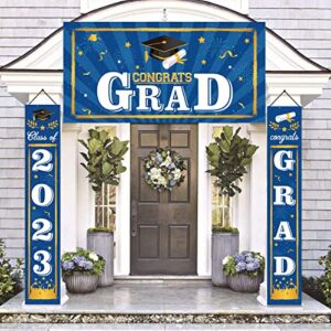 ronrons 3 pieces graduation party decoration banner set, 2023 grad graduation porch sign, front door wall yard hanging background signs for indoor outdoor school college (blue)