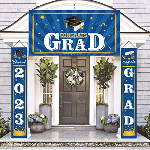 RONRONS 3 Pieces Graduation Party Decoration Banner Set, 2023 Grad Graduation Porch Sign, Front Door Wall Yard Hanging Background Signs for Indoor Outdoor School College (Blue)