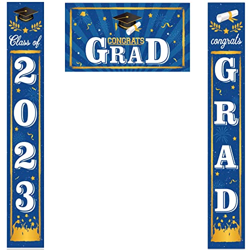 RONRONS 3 Pieces Graduation Party Decoration Banner Set, 2023 Grad Graduation Porch Sign, Front Door Wall Yard Hanging Background Signs for Indoor Outdoor School College (Blue)