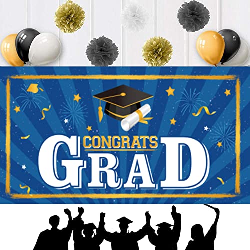 RONRONS 3 Pieces Graduation Party Decoration Banner Set, 2023 Grad Graduation Porch Sign, Front Door Wall Yard Hanging Background Signs for Indoor Outdoor School College (Blue)